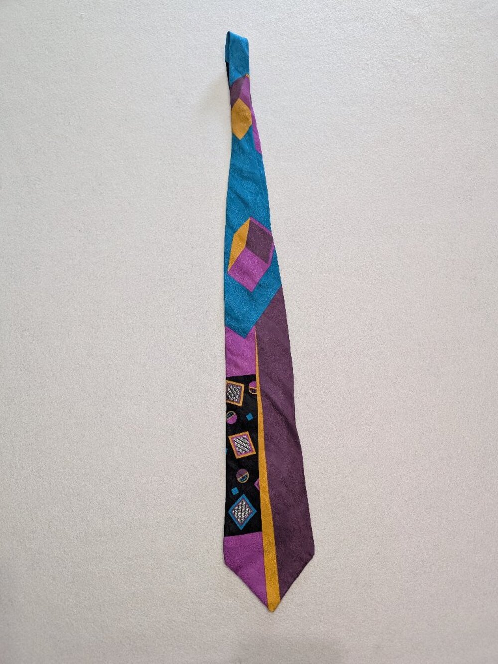 Vintage Bugatti Silk Abstract Geometric Tie Purple Teal 90s